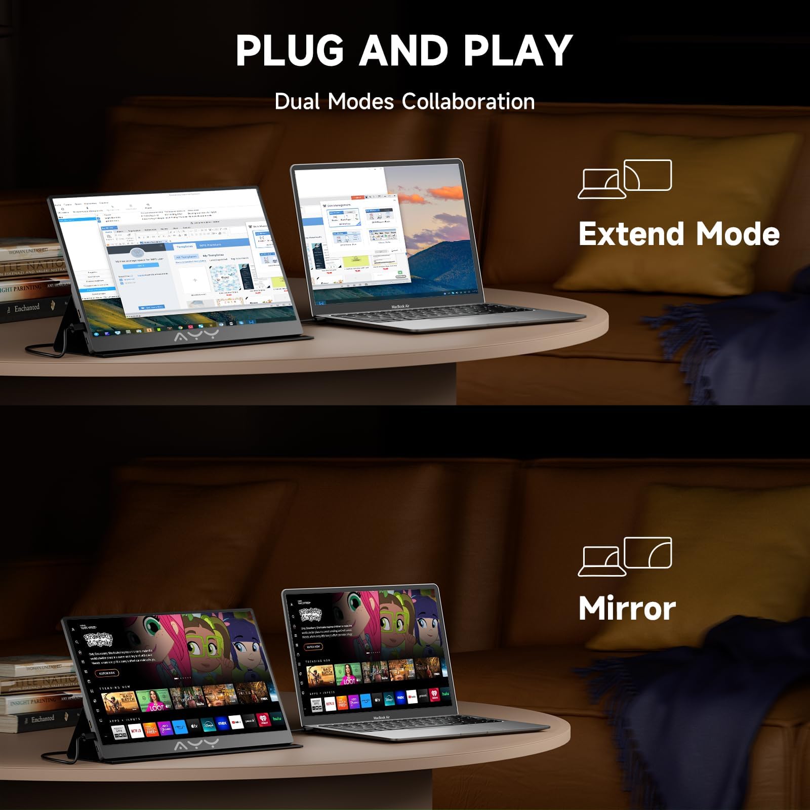 AYY 15.6 Inch Portable Monitor 1080P FHD USB-C HDMI External Display for Laptop Phone MAC PS5 Switch Xbox, Ultra-Slim 100% sRGB Portable Second Screen with Dual Speakers & Smart Cover, IPS, Black