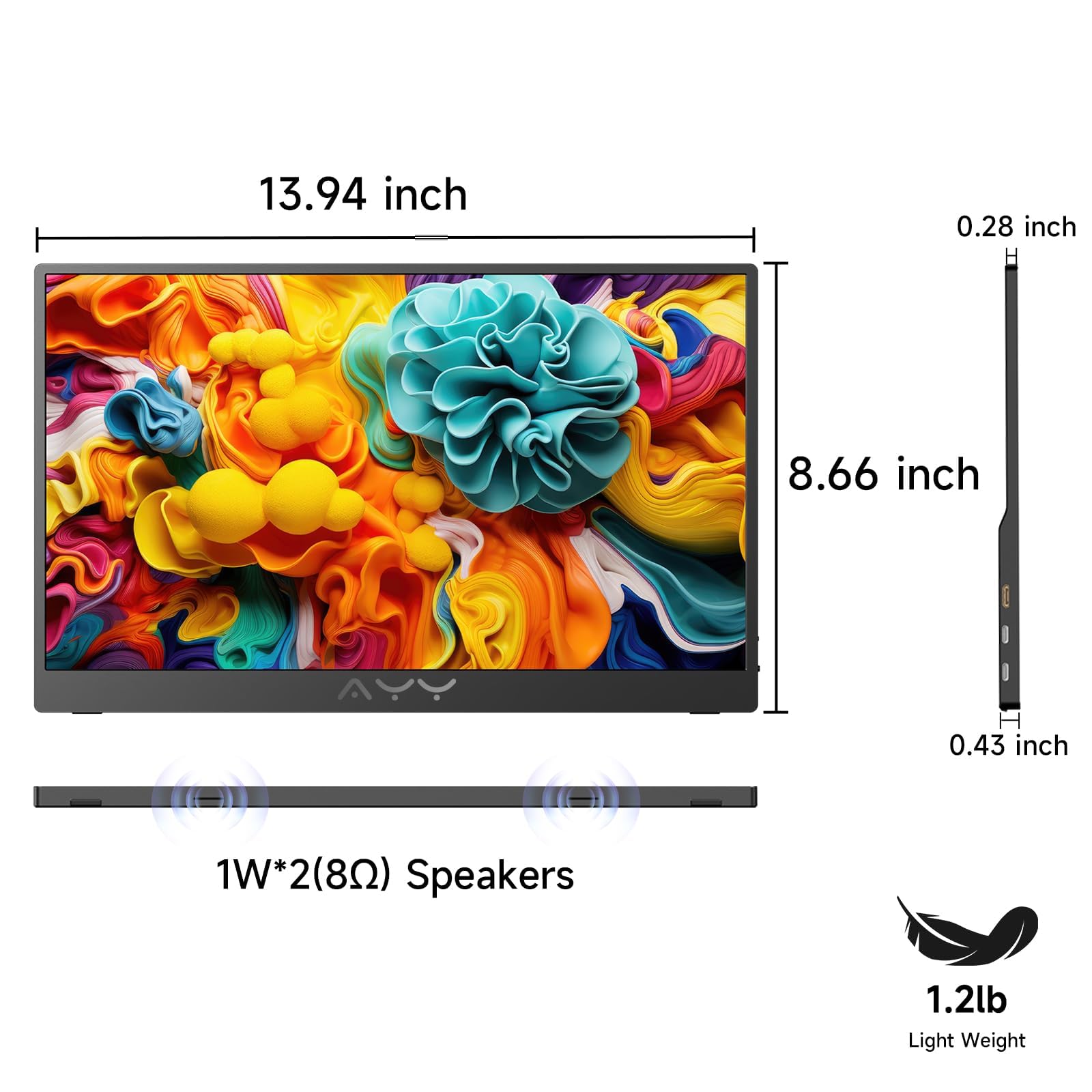 AYY 15.6 Inch Portable Monitor 1080P FHD USB-C HDMI External Display for Laptop Phone MAC PS5 Switch Xbox, Ultra-Slim 100% sRGB Portable Second Screen with Dual Speakers & Smart Cover, IPS, Black