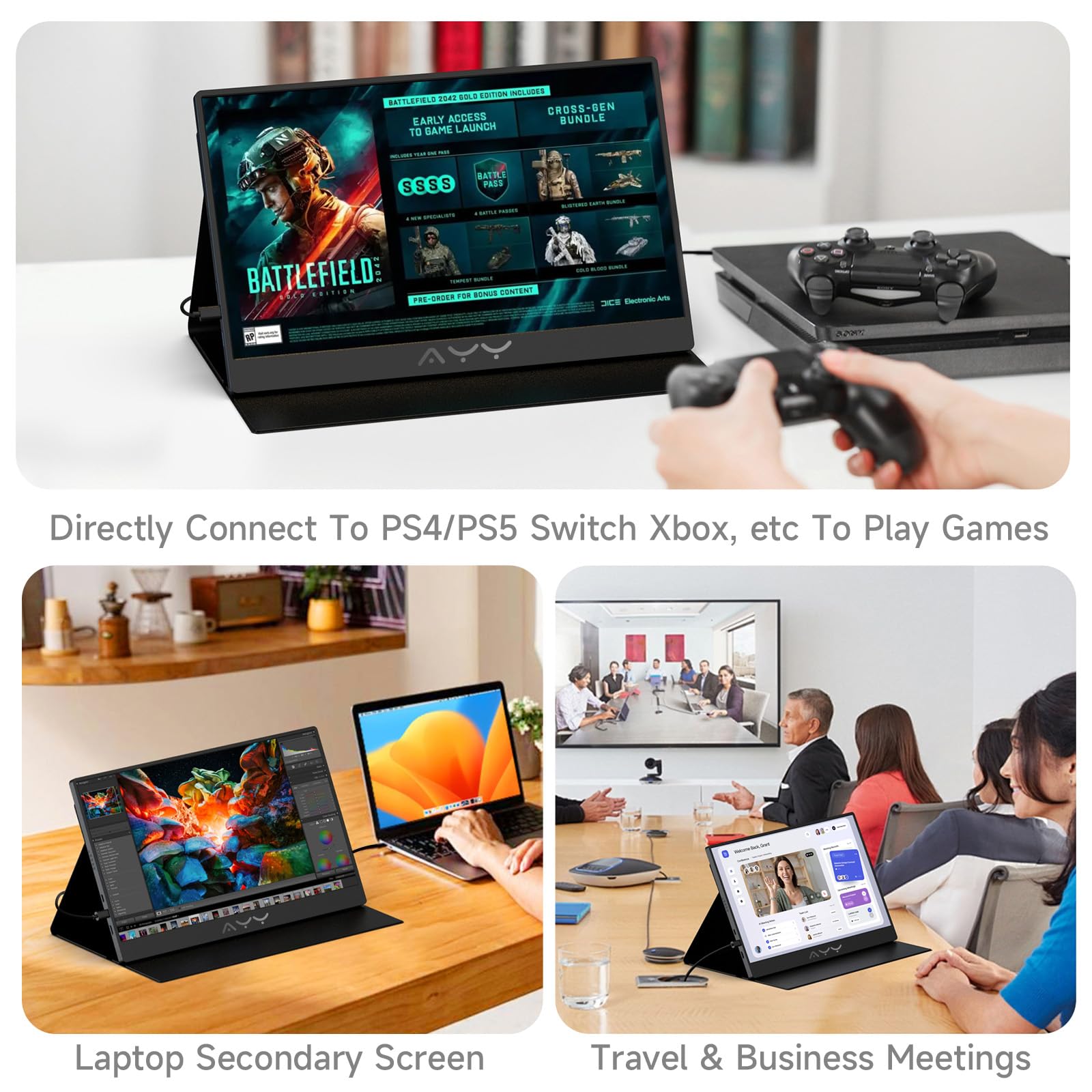 AYY Portable Monitor for Laptop 15 Inch, FHD 1080P USB-C HDMI Travel Monitor External for Computer