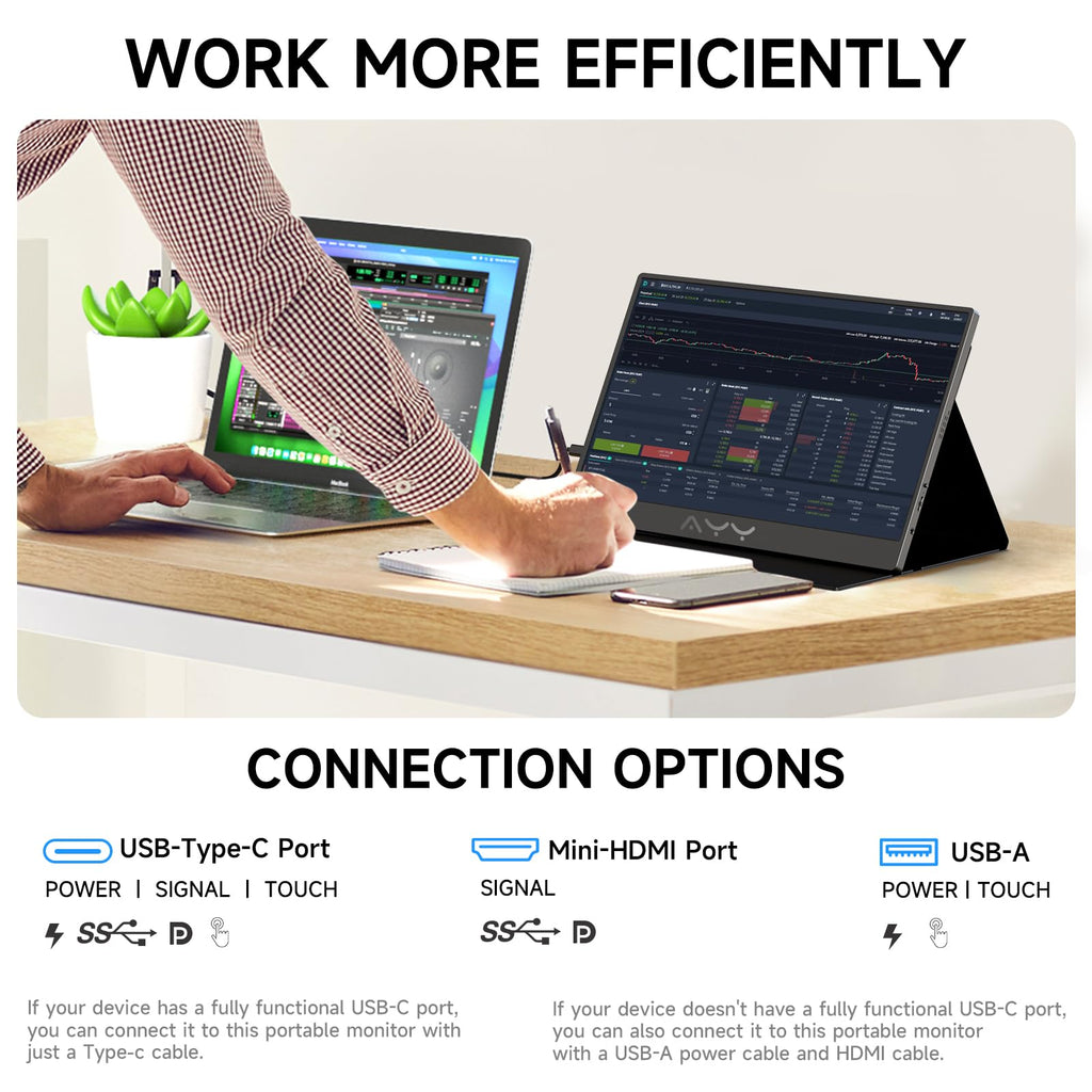 AYY Portable Monitor for Laptop 15 Inch, FHD 1080P USB-C HDMI Travel Monitor External for Computer