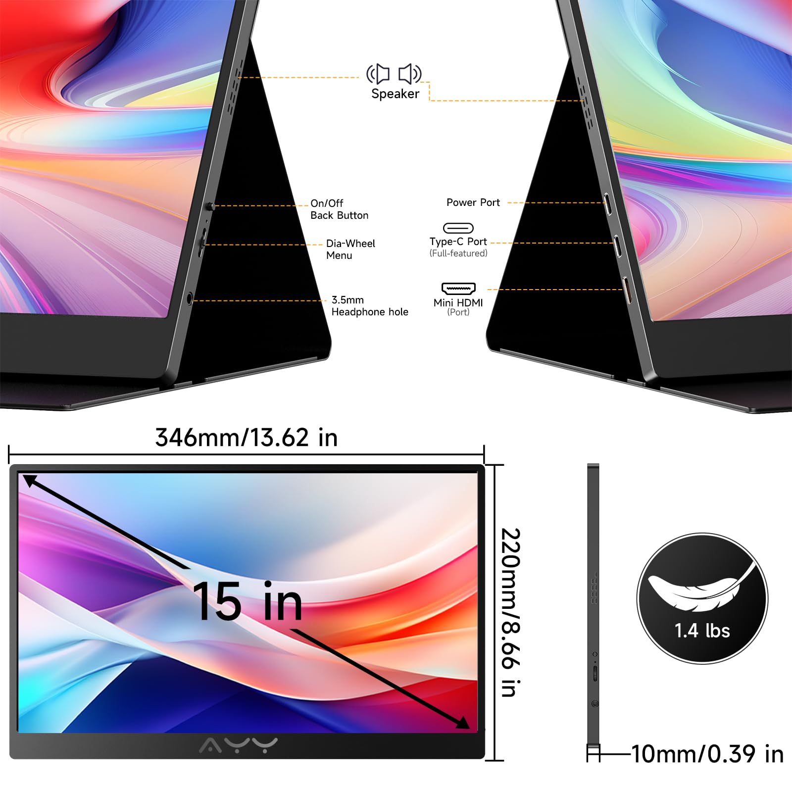 AYY Portable Monitor for Laptop 15 Inch, FHD 1080P USB-C HDMI Travel Monitor External for Computer